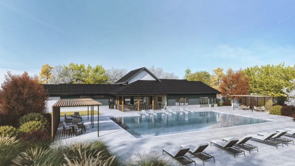 a pool with chairs and a building in the background