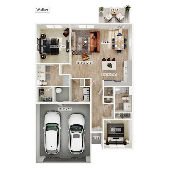 A floor plan of a Walker apartment with dimensions and car parking spaces.