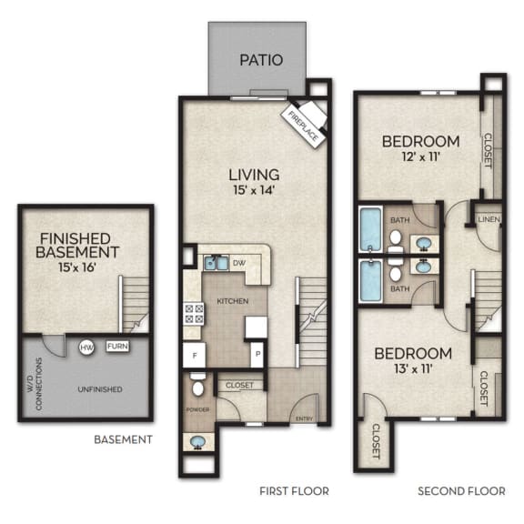 2 bed 2.5 bath townhome floor plan