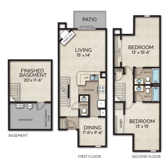 2 bed 2.5 bath townhome floor plan