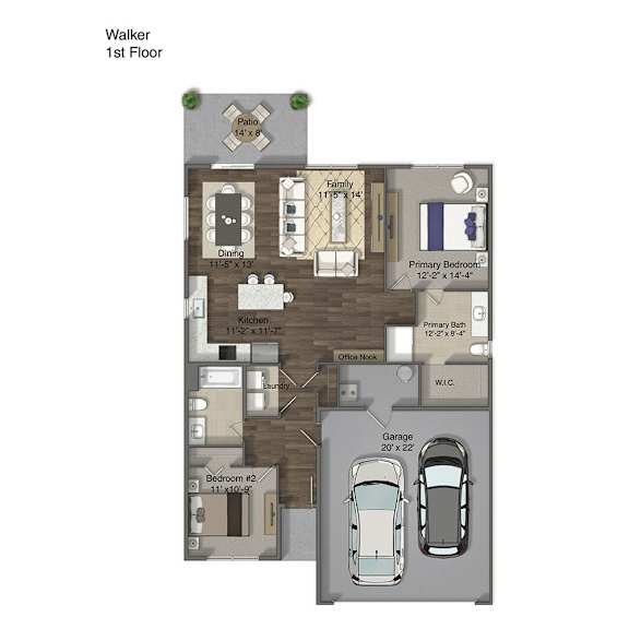 A floor plan of a Walker 1st floor apartment layout.