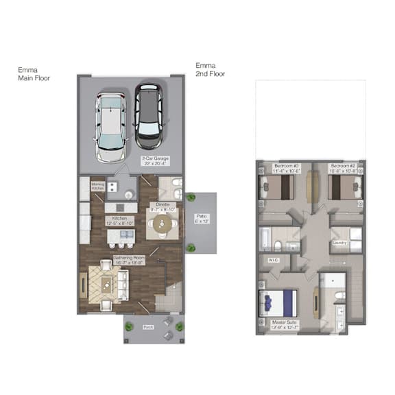 A floor plan of a two-story home with a garage and a parking space.
