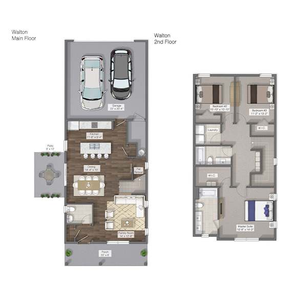A floor plan of a two-story residential building with labeled rooms and dimensions.