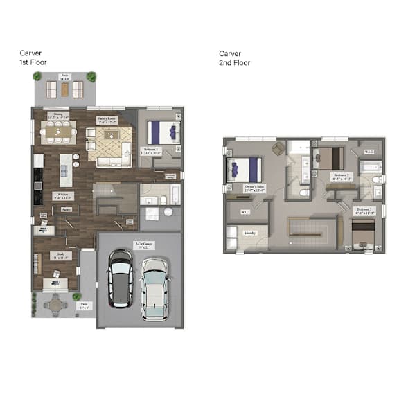 A floor plan of a carver with two floors, showing the layout of rooms and doors.