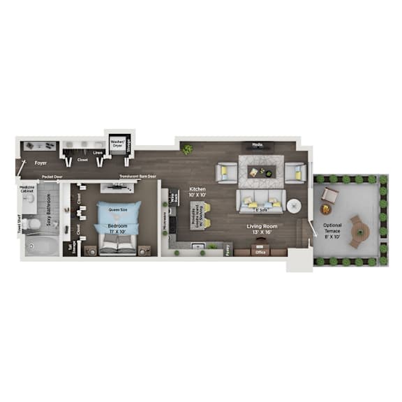A floor plan of a house with a kitchen, living room, and bathrooms.