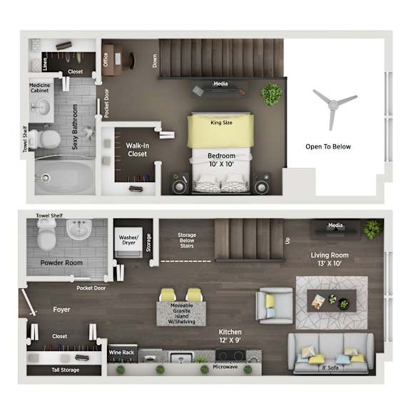 A floor plan of a house with a living room, kitchen, and two bathrooms.