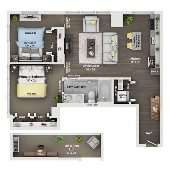 A floor plan of a house with a living room, two bedrooms, a bathroom, a kitchen, a pantry, a foyer, and an office.