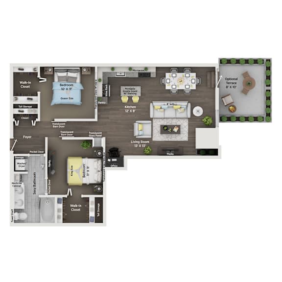 A floor plan of a house with a bedroom, living room, kitchen, and bathroom.