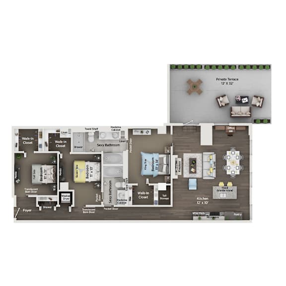 A floor plan of a house with a private terrace and a kitchen.