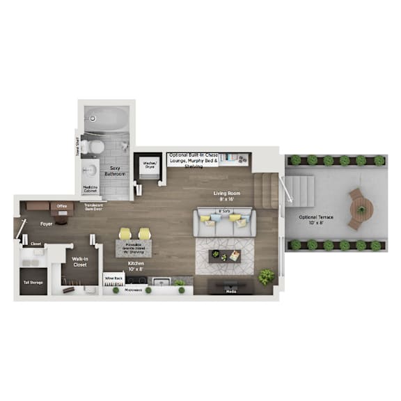 A floor plan of a house with a living room, kitchen, and bathrooms.