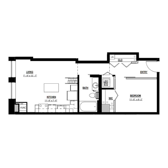 A floor plan of a small apartment with a living room, kitchen, and bedroom.