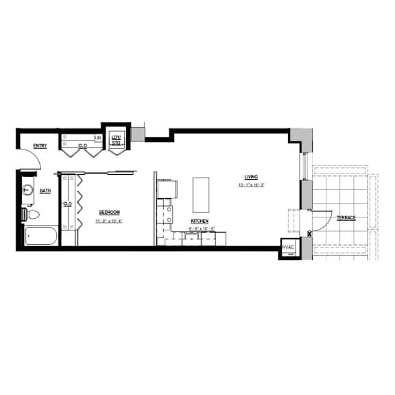 A floor plan of a house with a living room, bedroom, bathroom, and kitchen.