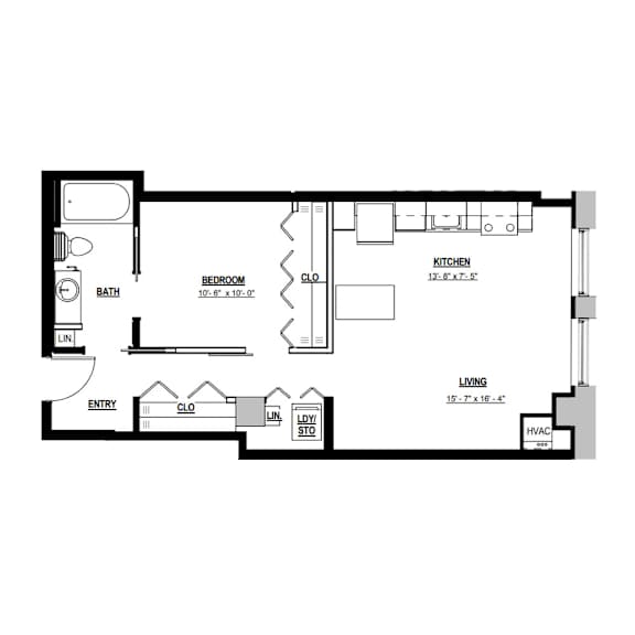 A floor plan of a house with a kitchen, living room, and bathroom.