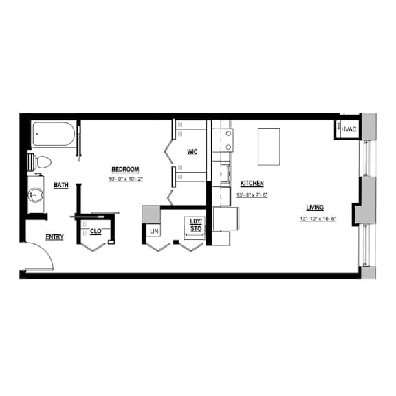 Floor Plan  A floor plan of a house with a living room, kitchen, bedroom and bathroom.