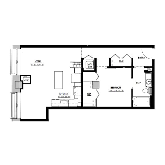 A floor plan of a house with a living room, kitchen, bedroom, and bathroom.