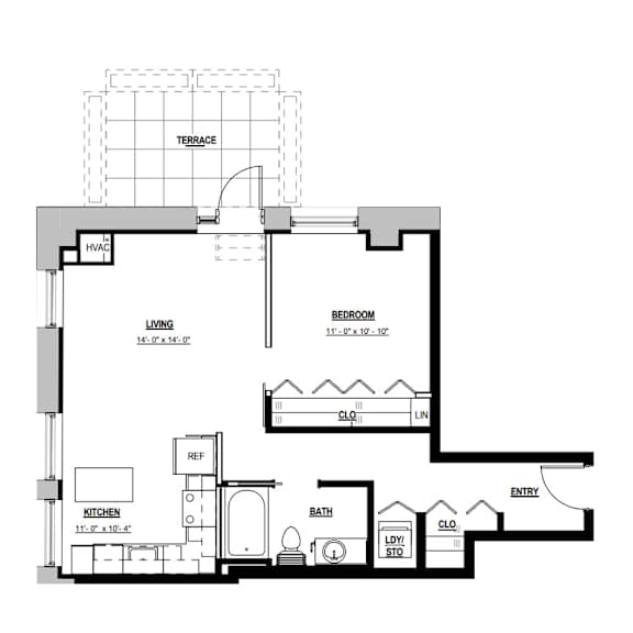 A floor plan of a house with a living room, kitchen, bathroom, and bedrooms.