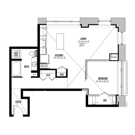 A floor plan of a house with a living room, kitchen, bedroom, and bathroom.