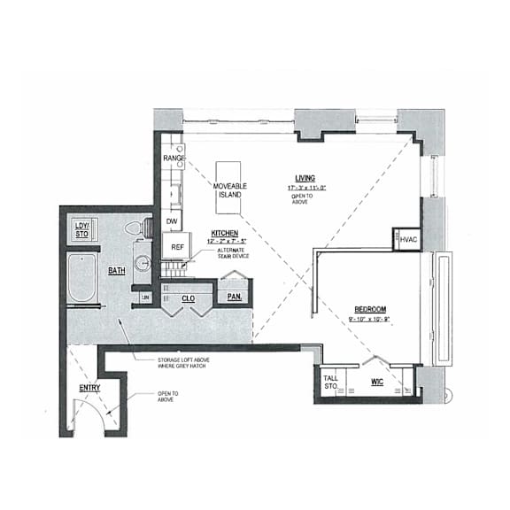 Floor Plan  A floor plan of a house with a living room, kitchen, bathroom, and bedroom.