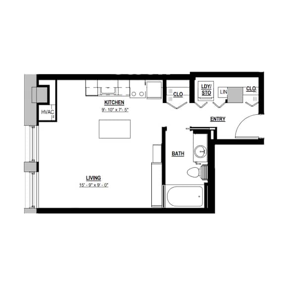 A floor plan of a house with a living room, kitchen, bathroom, and entry.