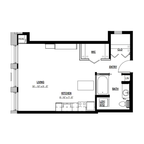 A floor plan of a small apartment with a living room, kitchen, bathroom, and laundry area.