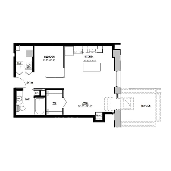 A floor plan of a house with a bedroom, living room, kitchen, bathroom, and terrace.
