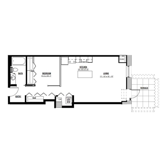 A floor plan of a house with a kitchen, bathroom, and living room.
