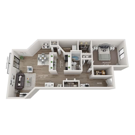 A 3D floor plan of a house with a living area, kitchen, and bathroom.