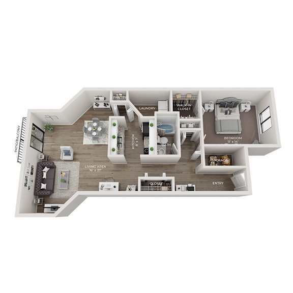 A 3D floor plan of a small apartment with a living area, kitchen, and two bedrooms.