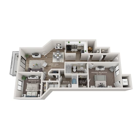 A floor plan of a house with two bedrooms, a living area, a kitchen, a laundry room, and a bathroom.
