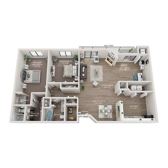 A floor plan of a two bedroom apartment with a living area, kitchen, and bathroom.