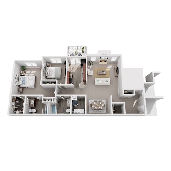 A 3D floor plan of a house with a kitchen, living room, and bathroom.
