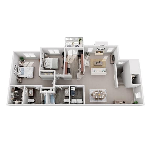 A top-down view of a house layout with multiple rooms and furniture.
