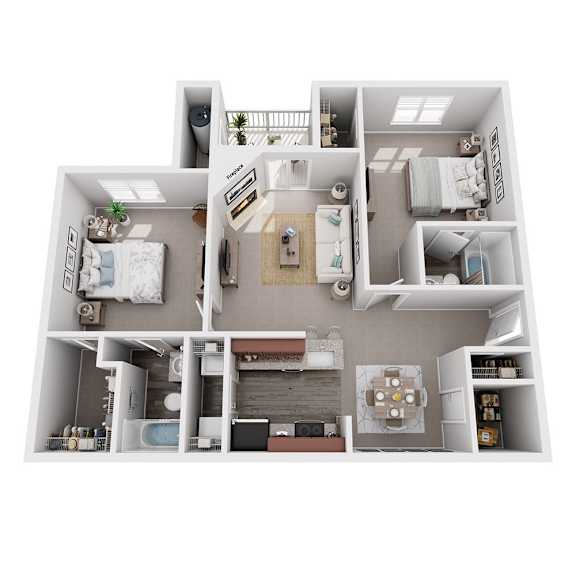 A 3D floor plan of a house with multiple rooms.