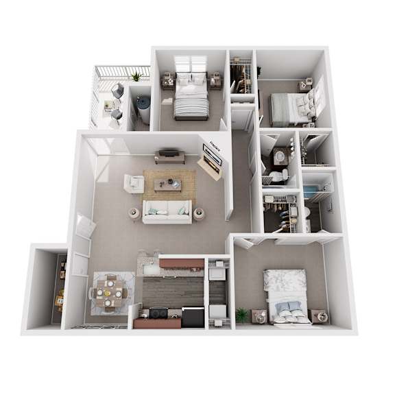 A 3D floor plan of a small apartment with a kitchen, living room, and bedrooms.