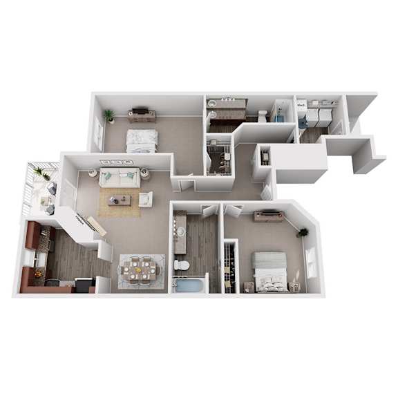 A 3D floor plan of a house with multiple rooms and furniture.