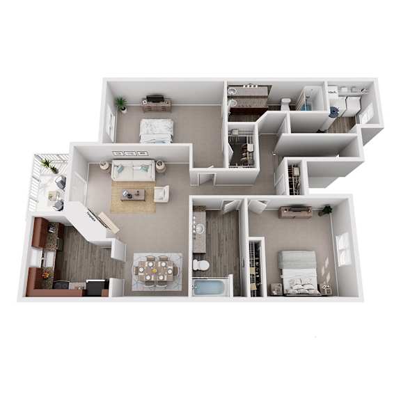 A 3D floor plan of a house with a kitchen, living room, dining room, and bedrooms.