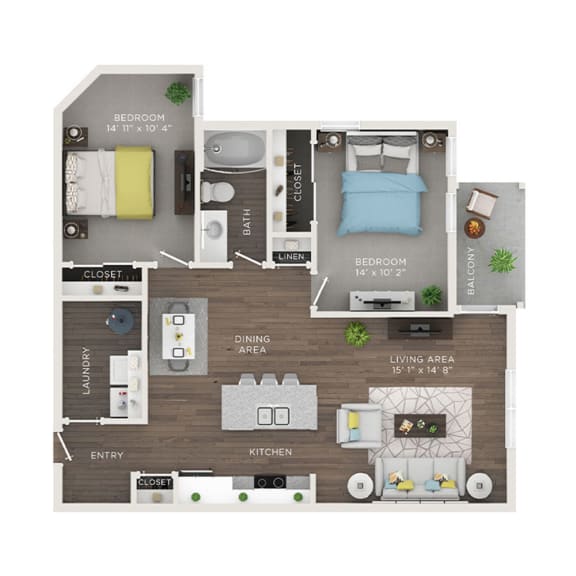 2 bed 1 bath apartment floor plan