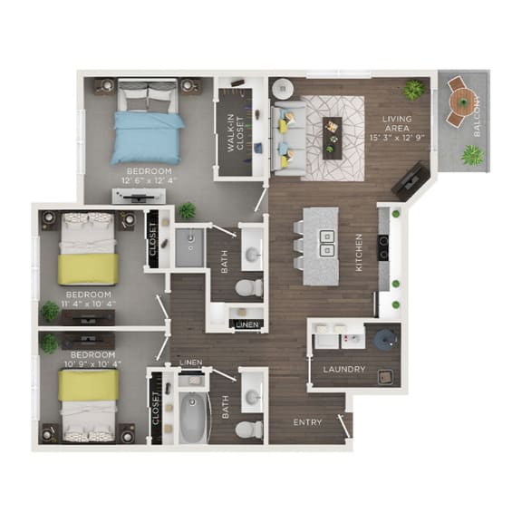3 bed 2 bath apartment floor plan