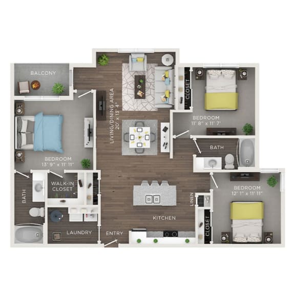 3 bed 2 bath apartment floor plan