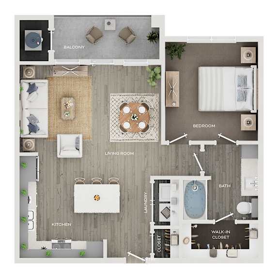A floor plan of a house showing a living room, kitchen, bathroom, and bedrooms.