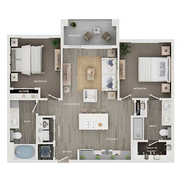 A floor plan of a house with a balcony, two bedrooms, a living room, a bathroom, a kitchen, a laundry area, and a walk-in closet.