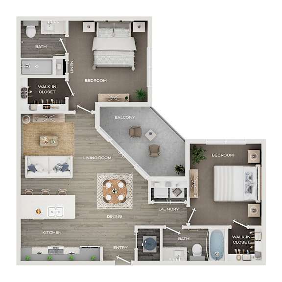 A floor plan of a house with a balcony, two bedrooms, a living room, a dining area, a kitchen, a laundry room, and a bathroom.