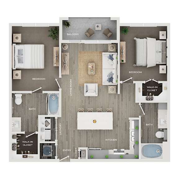 A floor plan of a house showing a balcony, two bedrooms, a living room, a kitchen, a bathroom, and a walk-in closet.