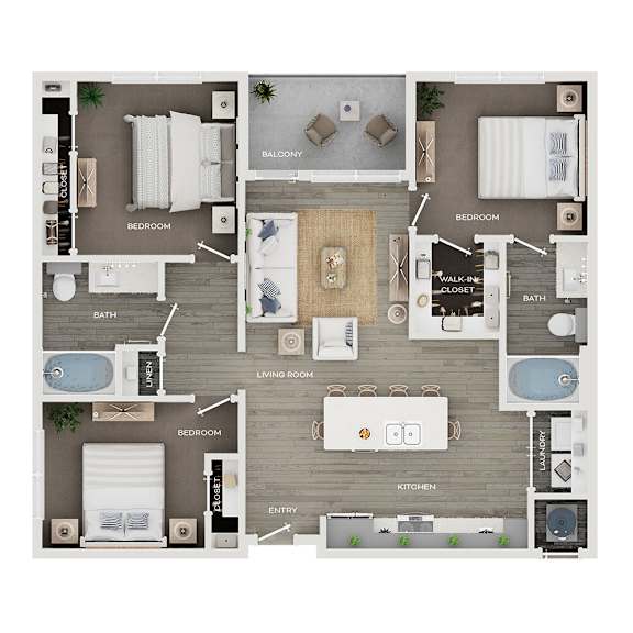 A floor plan of a house with a living room, kitchen, and four bedrooms.
