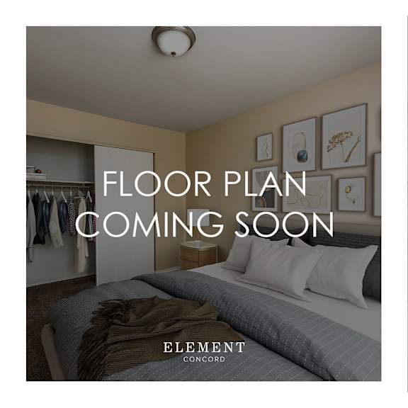 A bedroom with a bed, pillows, and a wall with pictures and a sign that says "FLOOR PLAN COMING SOON".