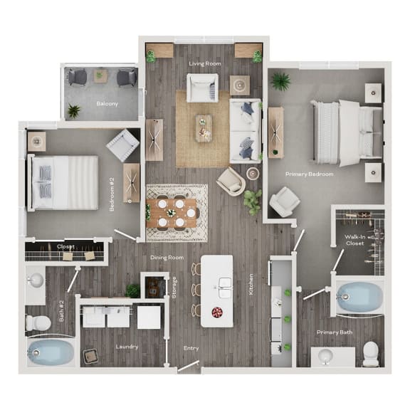 floor plan of a 2 bed 2 bath apartment