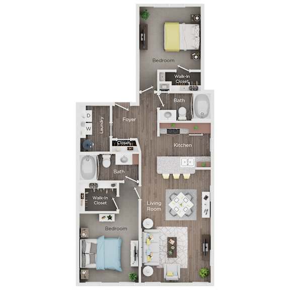 A floor plan of a small apartment with two bedrooms, a living room, a kitchen, a bathroom, and a laundry area.