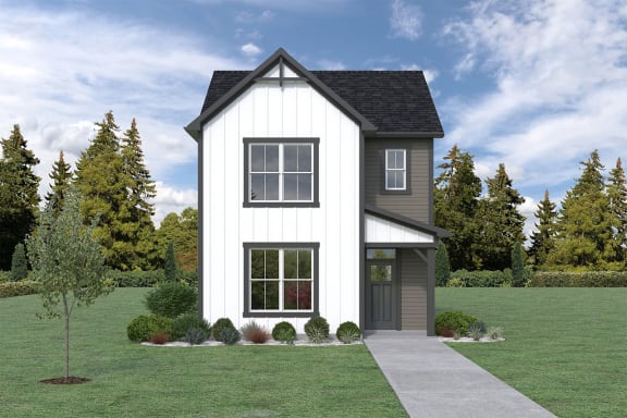 a home with white siding and gray shutters
