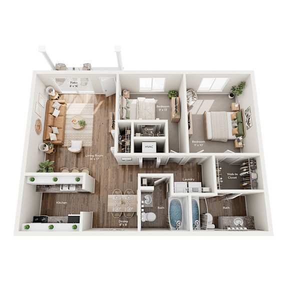 A floor plan of a small apartment with a kitchen, living room, and three bedrooms.