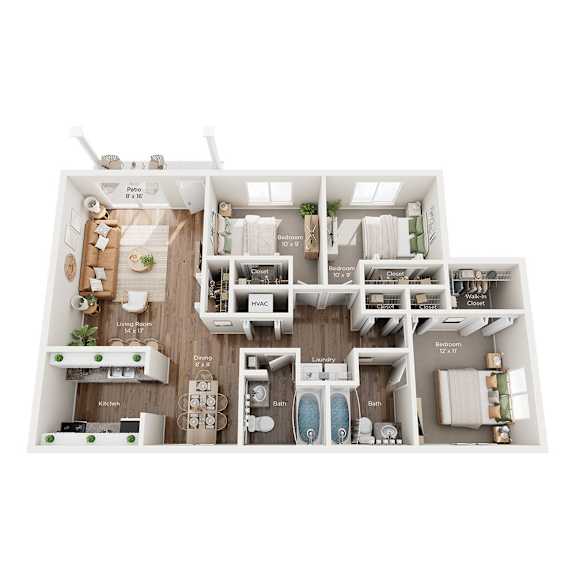 A floor plan of a small apartment with a kitchen, living room, and bathrooms.